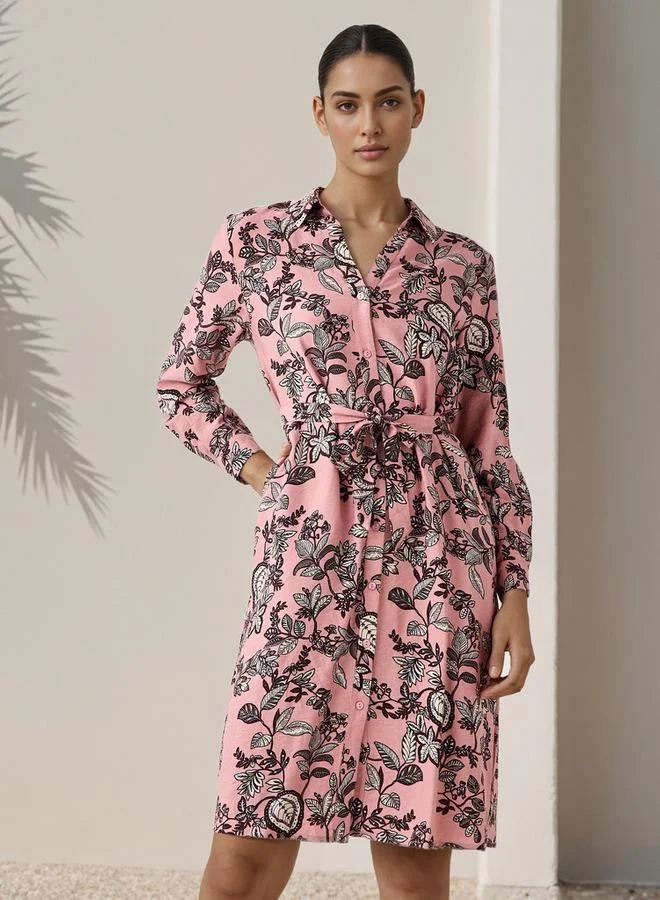 Splash FAV Knee Length Shirt Belted Dress with Floral Print