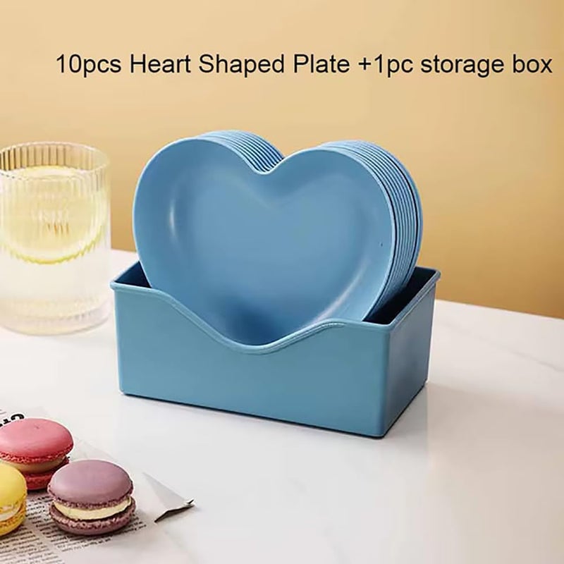 pepplo Creative Heart Shaped Dish, Food Grade Plastic Dish, Dining Table Plate, Party Plate, Snack Plates, Dinner Plates, Camping Plates, Dinnerware Heart Dish, Party Use, Household(Blue, 10 Plates + 1 Rack) - Image 5