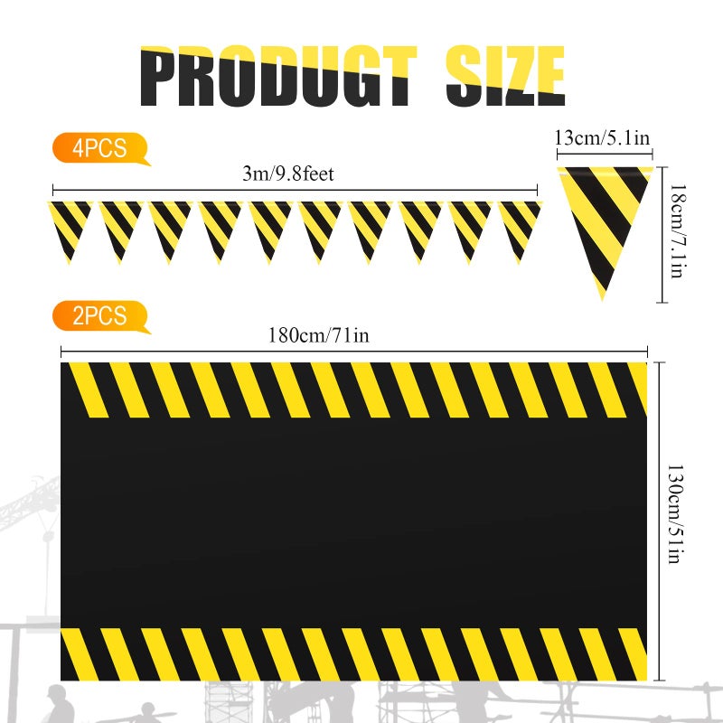 Remagr 6 Pcs Construction Tablecloth Banner Birthday Party Supplies Decorations 4 Banners 2 Table Cloths Workplace Safety Decor Dump Truck Excavator Party Favors(Black,Trendy) - Image 2