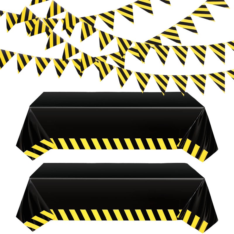 Remagr 6 Pcs Construction Tablecloth Banner Birthday Party Supplies Decorations 4 Banners 2 Table Cloths Workplace Safety Decor Dump Truck Excavator Party Favors(Black,Trendy) - Image 1