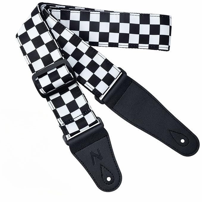PERLMAN Guitar Strap-2" Wide Double Layer Cotton Original Design Adjustable Guitar Straps with Long Leather Ends, White Grid, Large - Image 1