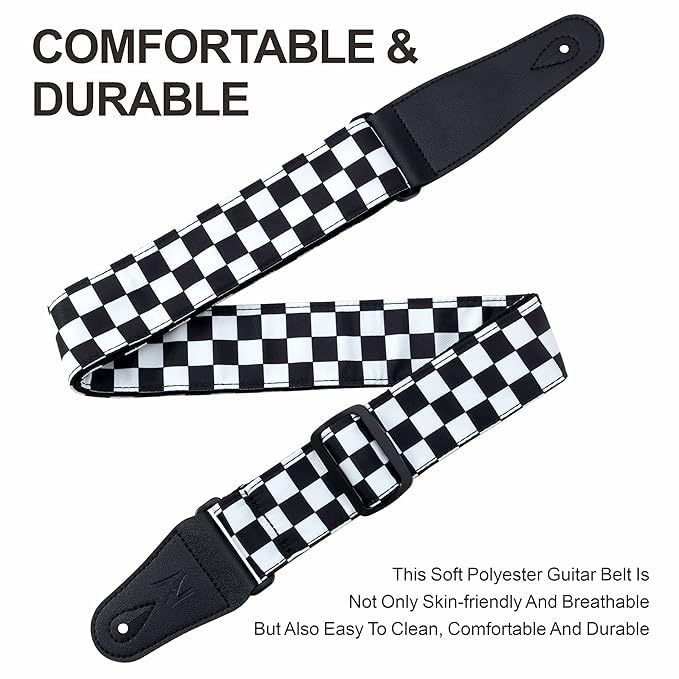 PERLMAN Guitar Strap-2" Wide Double Layer Cotton Original Design Adjustable Guitar Straps with Long Leather Ends, White Grid, Large - Image 2