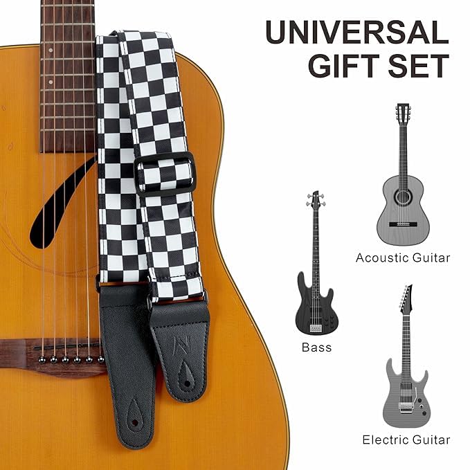 PERLMAN Guitar Strap-2" Wide Double Layer Cotton Original Design Adjustable Guitar Straps with Long Leather Ends, White Grid, Large - Image 4
