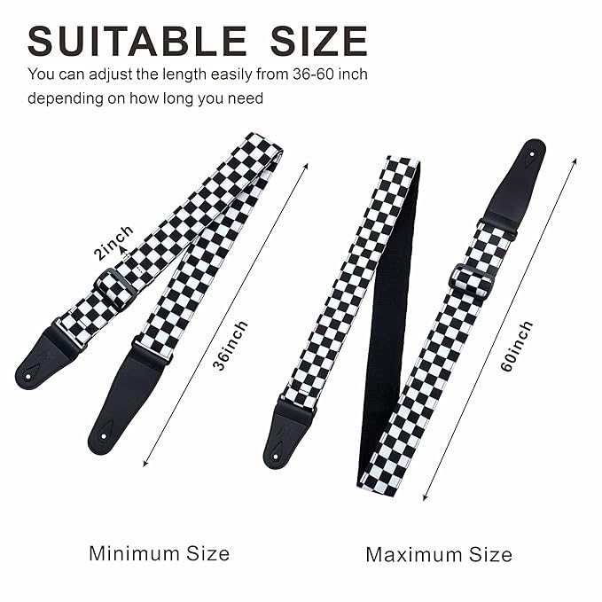 PERLMAN Guitar Strap-2" Wide Double Layer Cotton Original Design Adjustable Guitar Straps with Long Leather Ends, White Grid, Large - Image 3