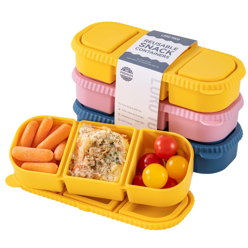 LOROTOCO 3 Pack Silicone Reusable Snack Containers with Lids - 3 Compartment Snackle Box for Kids & Adults, BPA-Free & Leakproof, Small for Dressing, Sauces, School, Office, Picnicï¼ˆBlue, yellow, pinkï¼‰ - Image 1