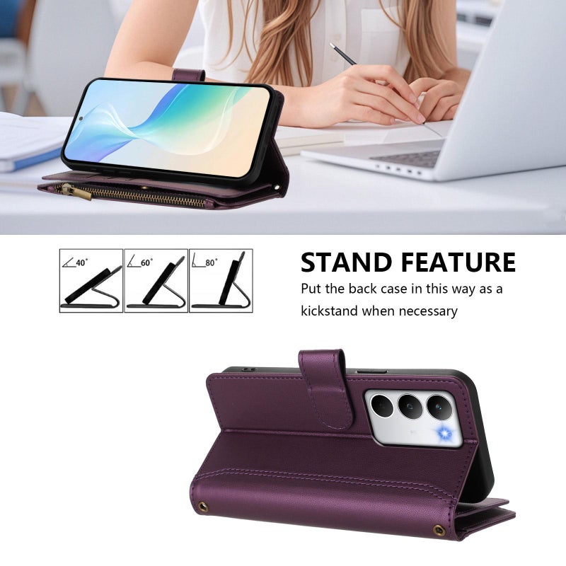 إيروريكس جراب جلدي بسحاب و9 فتحات للبطاقات مع حزام يد لهاتف Realme C71 4G العالمي (أرجواني) - Image 4