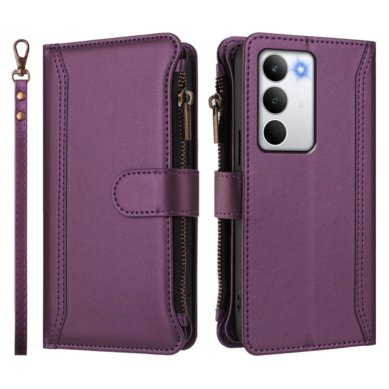 إيروريكس جراب جلدي بسحاب و9 فتحات للبطاقات مع حزام يد لهاتف Realme C71 4G العالمي (أرجواني) - Image 2