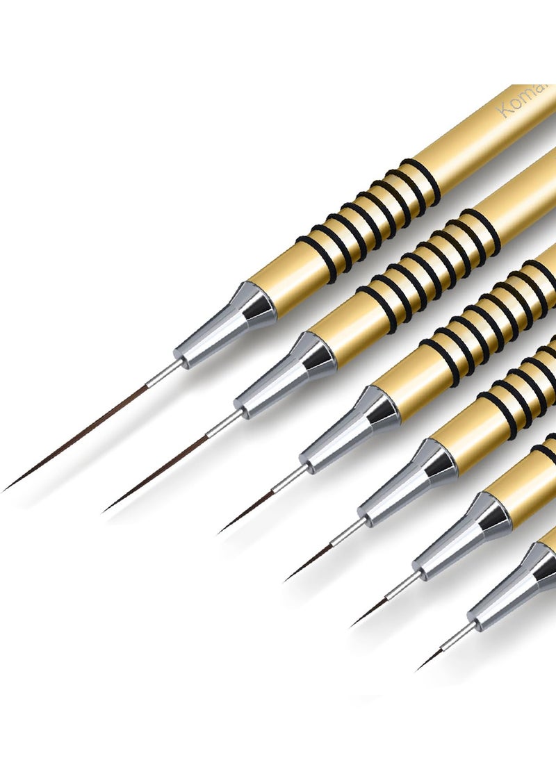 كيلا فراشي فن الأظافر المعدنية، مجموعة فرش طلاء أظافر معدنية، 6 قطع فرش طلاء أظافر غير قابلة للانزلاق، قلم تصميم فن الرسم بالطلاء بالأشعة فوق البنفسجية جل للخطوط الطويلة، التفاصيل الرقيقة، مقاسات الرسم الدقيقة 5/7/9/9/11/20/25 مم (ذهبي) - Image 1