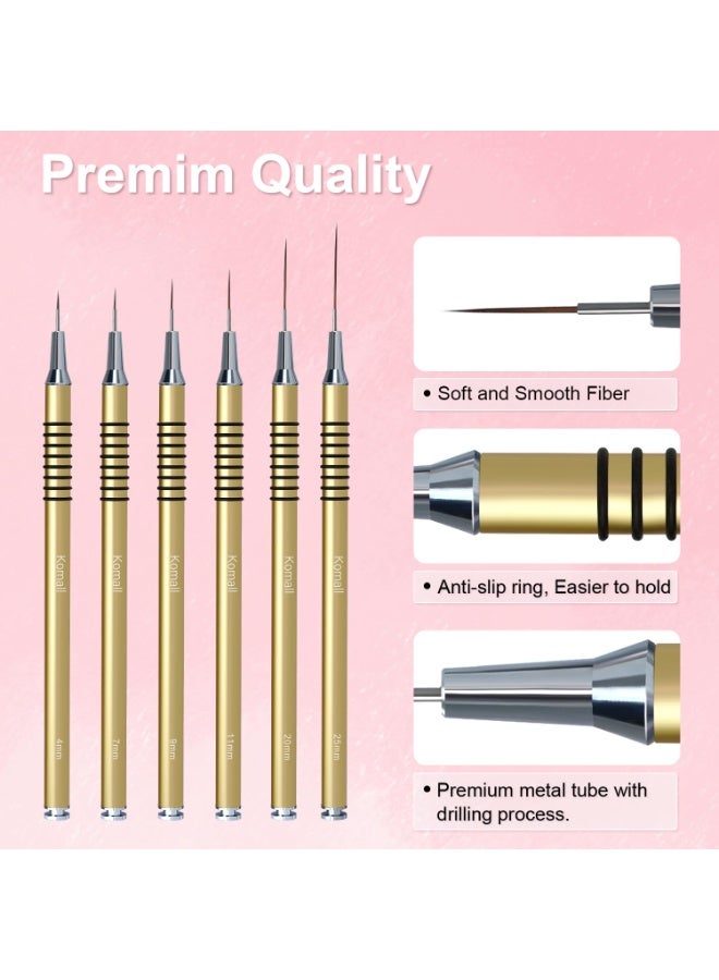 كيلا فراشي فن الأظافر المعدنية، مجموعة فرش طلاء أظافر معدنية، 6 قطع فرش طلاء أظافر غير قابلة للانزلاق، قلم تصميم فن الرسم بالطلاء بالأشعة فوق البنفسجية جل للخطوط الطويلة، التفاصيل الرقيقة، مقاسات الرسم الدقيقة 5/7/9/9/11/20/25 مم (ذهبي) - Image 4