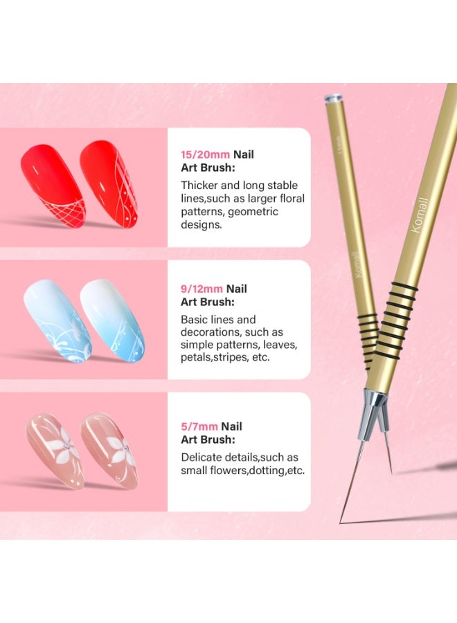 كيلا فراشي فن الأظافر المعدنية، مجموعة فرش طلاء أظافر معدنية، 6 قطع فرش طلاء أظافر غير قابلة للانزلاق، قلم تصميم فن الرسم بالطلاء بالأشعة فوق البنفسجية جل للخطوط الطويلة، التفاصيل الرقيقة، مقاسات الرسم الدقيقة 5/7/9/9/11/20/25 مم (ذهبي) - Image 3