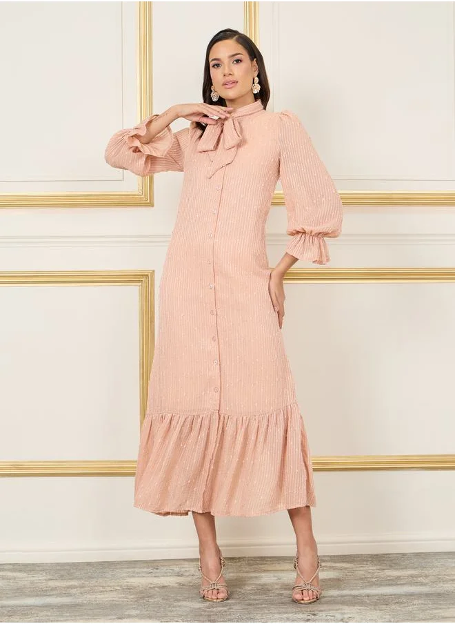 ستايلي Texture Self Tie Up Neck Ruffle Hem Shirt Midi Dress