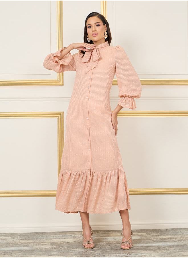 Styli - Texture Self Tie Up Neck Ruffle Hem Shirt Midi Dress - Image 1