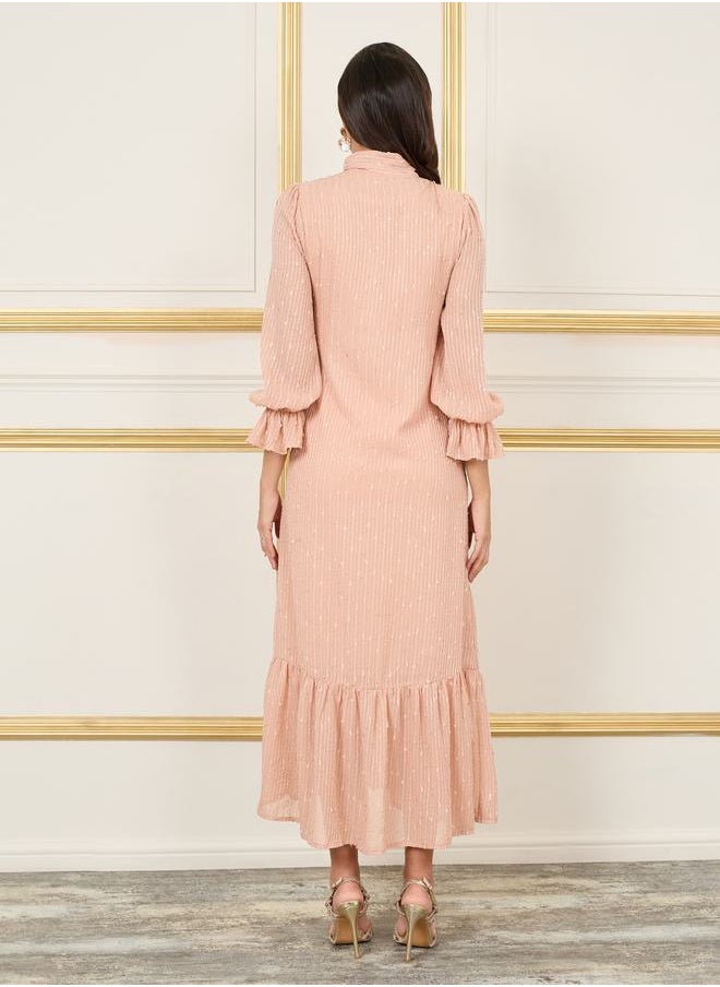 Styli - Texture Self Tie Up Neck Ruffle Hem Shirt Midi Dress - Image 1