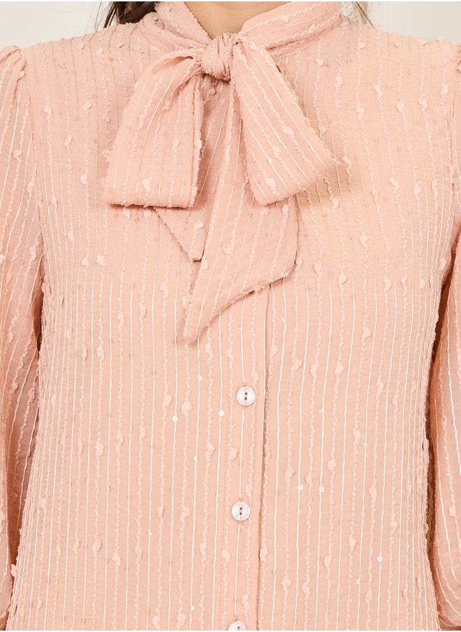 Styli - Texture Self Tie Up Neck Ruffle Hem Shirt Midi Dress - Image 1
