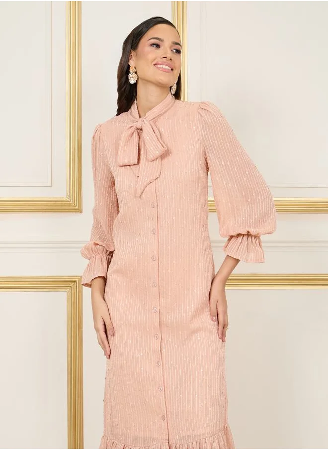 ستايلي Texture Self Tie Up Neck Ruffle Hem Shirt Midi Dress