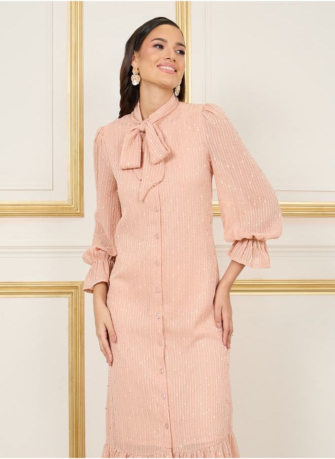 Styli - Texture Self Tie Up Neck Ruffle Hem Shirt Midi Dress - Image 1