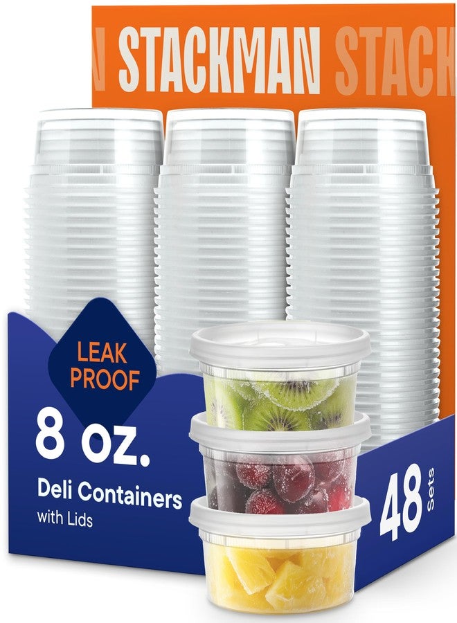 Stack Man [48 Sets - 8 oz.] Plastic Deli Disposable Food Storage Containers with Airtight Lids - Slime Containers with Lids - Image 1