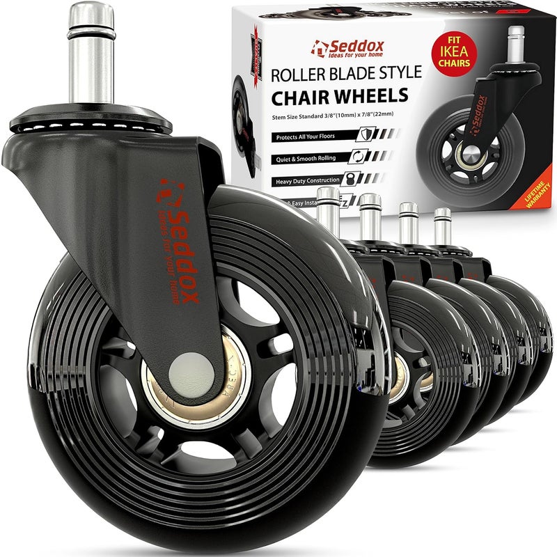 Seddox Office Chair Wheels Replacement Set 10mm (3/8" x 7/8") Stem - Fits IKEA Chairs ONLY - Soft Desk Chair Casters for Wood Floors & Carpet - Heavy Duty & Safe for All Floors Without Any Chair Mats - Image 1