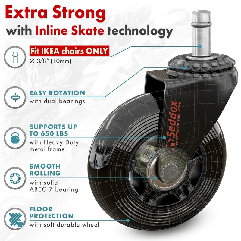 Seddox Office Chair Wheels Replacement Set 10mm (3/8" x 7/8") Stem - Fits IKEA Chairs ONLY - Soft Desk Chair Casters for Wood Floors & Carpet - Heavy Duty & Safe for All Floors Without Any Chair Mats - Image 4