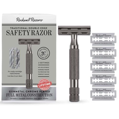 ROCKWELL RAZORS 2C Gunmetal Chrome Double Edge Safety Razor With Adjustable Shave Settings and 5 Fully Recyclable Razor Blades. Reusable Safety Razors for Men and Women - Image 1