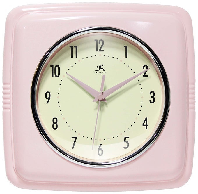 SQUARE SILENT RETRO 9 INCH MID CENTURY MODERN KITCHEN DINER RETRO WALL CLOCK QUARTZ SWEEP MOVEMENT PINK