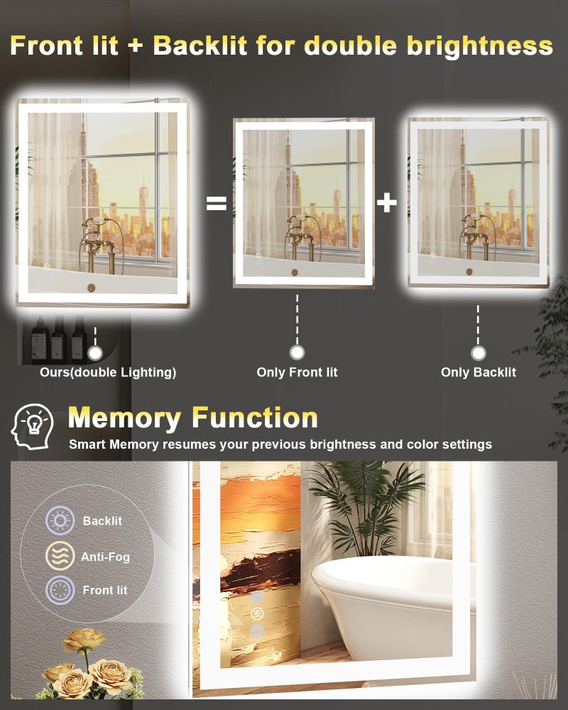 Callsky 20"x 28" LED Bathroom Mirror, 3 Colors Vanity Mirror with Lights, Front and Backlit Bathroom Mirror with Lights, LED Smart Mirror for Bathroom, Tempered Glass, Anti-Fog, Stepless Dimmable, Memory(ETL) - Image 3