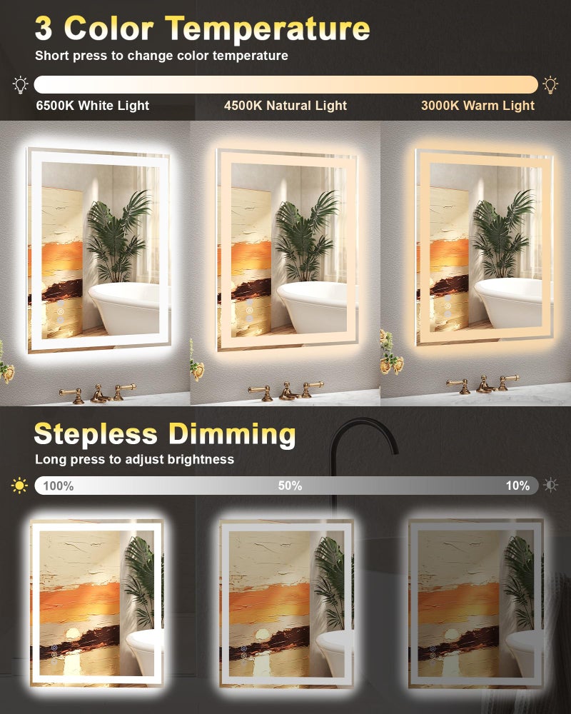 Callsky 20"x 28" LED Bathroom Mirror, 3 Colors Vanity Mirror with Lights, Front and Backlit Bathroom Mirror with Lights, LED Smart Mirror for Bathroom, Tempered Glass, Anti-Fog, Stepless Dimmable, Memory(ETL) - Image 2