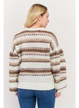 Women Round Neck Long Sleeves Knitted Stripe Sweater, White
