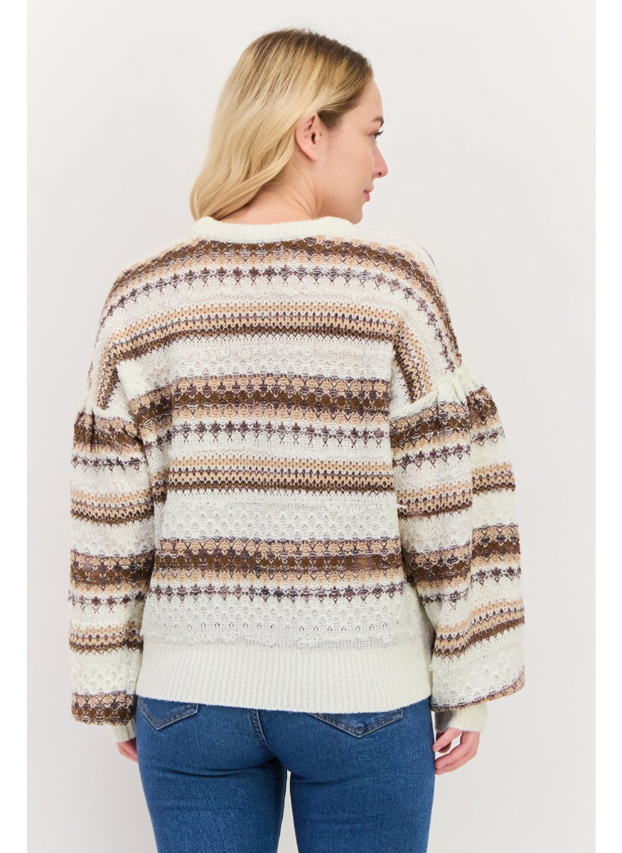 DEX - Women Round Neck Long Sleeves Knitted Stripe Sweater, White - Image 1