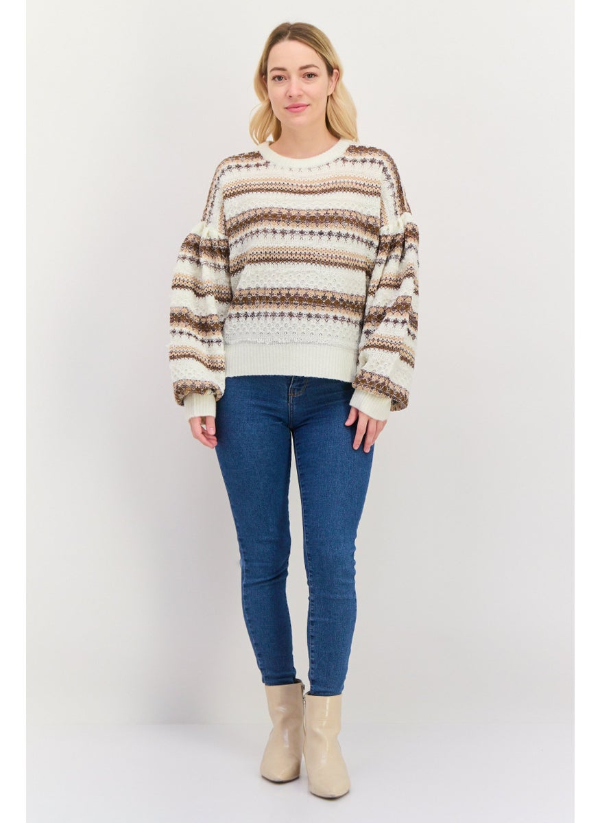 DEX - Women Round Neck Long Sleeves Knitted Stripe Sweater, White - Image 1