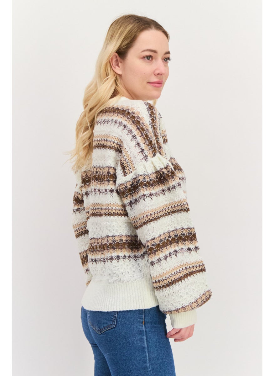 DEX - Women Round Neck Long Sleeves Knitted Stripe Sweater, White - Image 1
