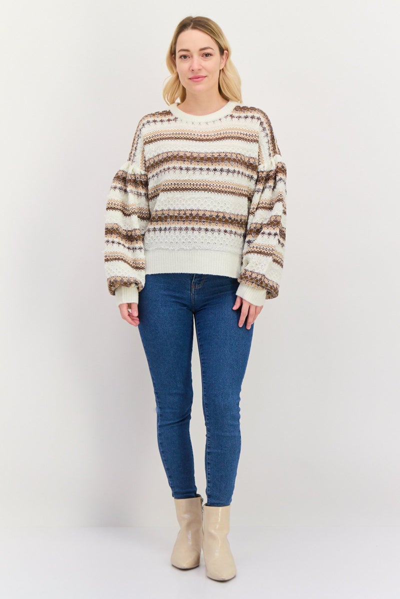 DEX Women Round Neck Long Sleeves Knitted Stripe Sweater, White - Image 3