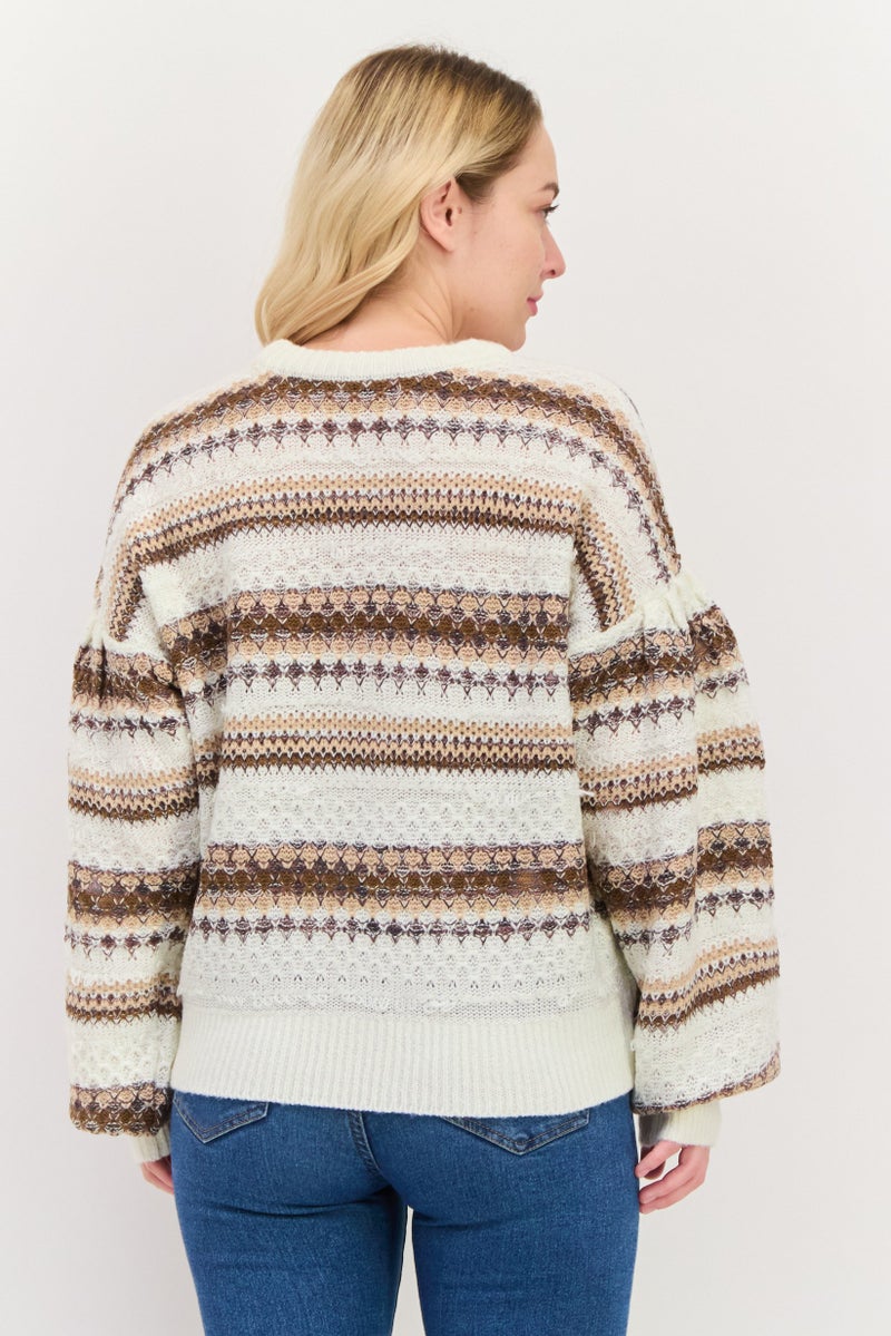 DEX Women Round Neck Long Sleeves Knitted Stripe Sweater, White - Image 1