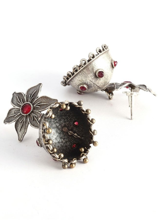 ISHIN Oxidised Silver-Toned & Red Floral Jhumkas Earrings  - Image 2