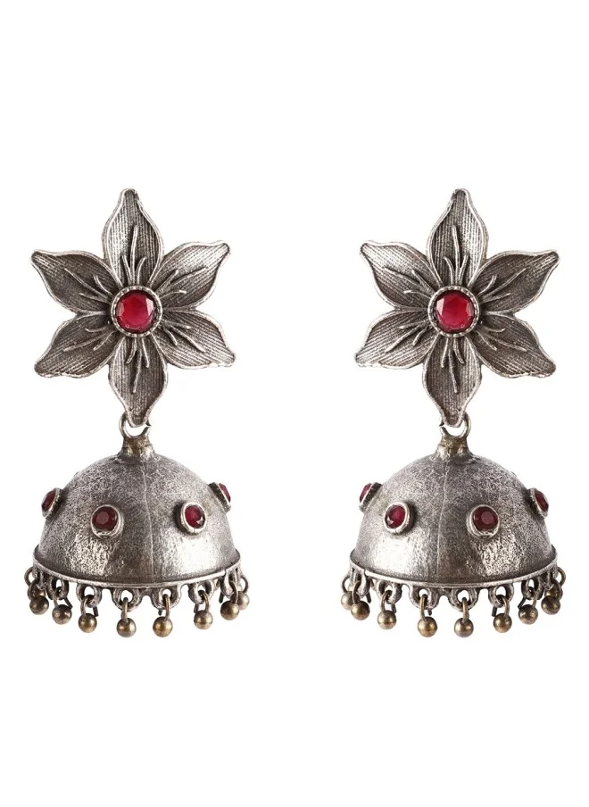 آي شين Oxidised Silver-Toned & Red Floral Jhumkas Earrings