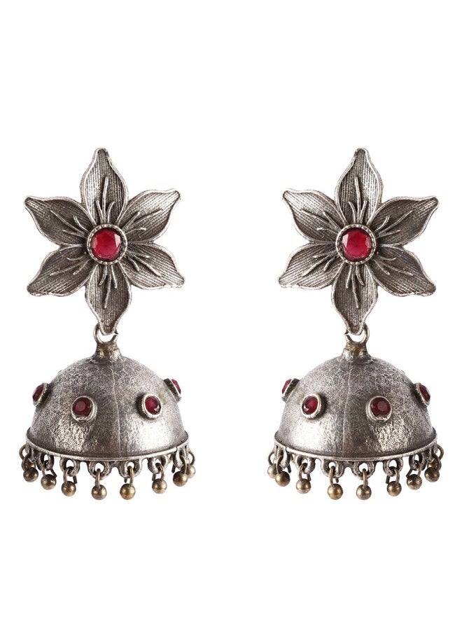 ISHIN Oxidised Silver-Toned & Red Floral Jhumkas Earrings  - Image 1