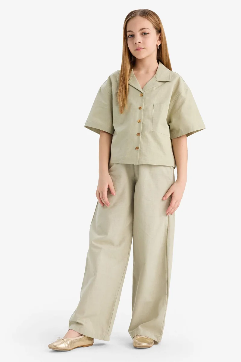 ديفاكتو Girl Linen Short Sleeve Crop Shirt