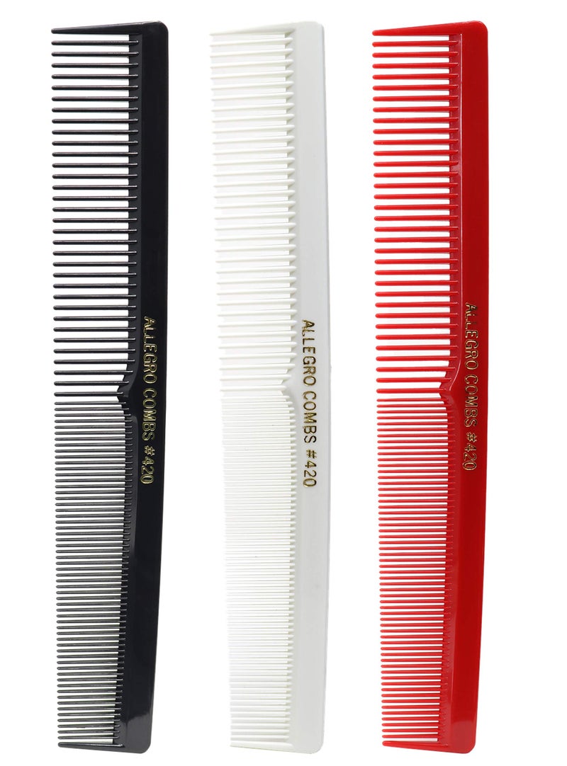 Allegro Combs 420 Hair combs Set 3 pk Nitrile Rubber Barber Comb for Hair Stylist Styling Professional Cutting Combs Disinfectable Long Lasting Unisex Red White and Black