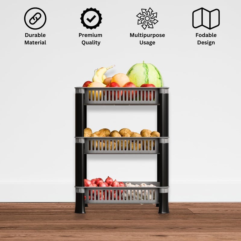 Biltoxi Kitchen Storage Plastic Rack, Vegetable Stand Basket, Storage Racks for Office (Grey Color, 3 Layer), Step Shelf - Image 3