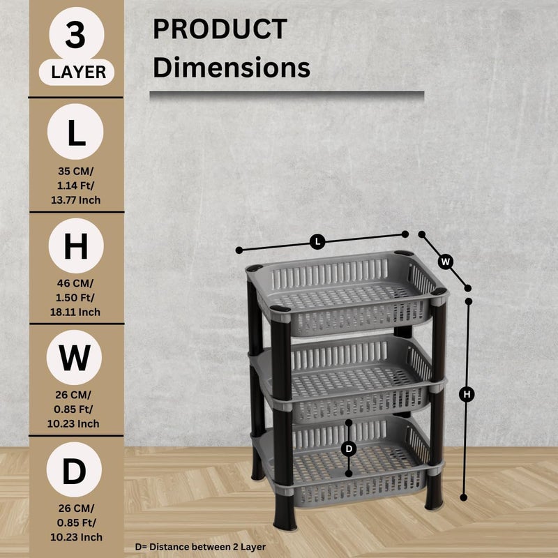 Biltoxi Kitchen Storage Plastic Rack, Vegetable Stand Basket, Storage Racks for Office (Grey Color, 3 Layer), Step Shelf - Image 2