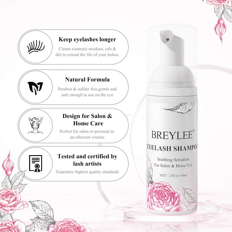 BREYLEE Eyelash Cleanser, Shampoo Foam & Brushes Eyelid Cleanser for Makeup Remover Paraben & Sulfate Free for Salon and Home Use(60ml, 2 fl oz) - Image 2