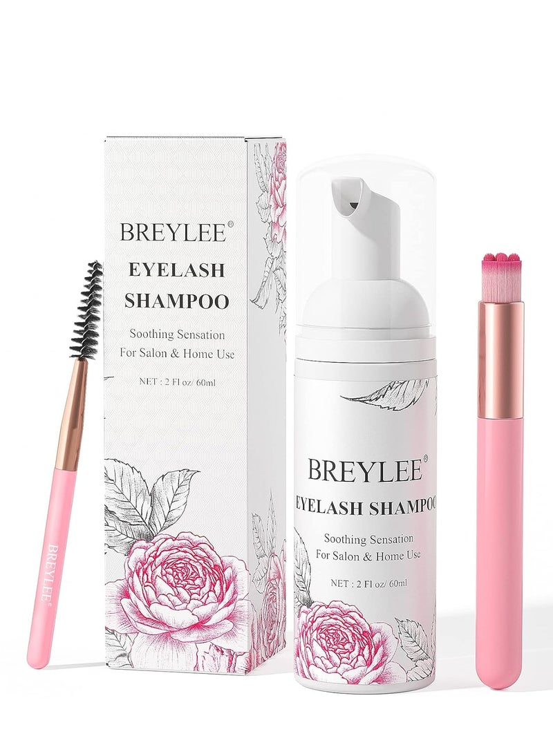 Breylee BREYLEE Eyelash Extension Cleanser,Eyelash Extension Shampoo, Eyelash Extension Foam & Brushes Eyelid Cleanser for Makeup Remover Paraben & Sulfate Free for Salon and Home Use 