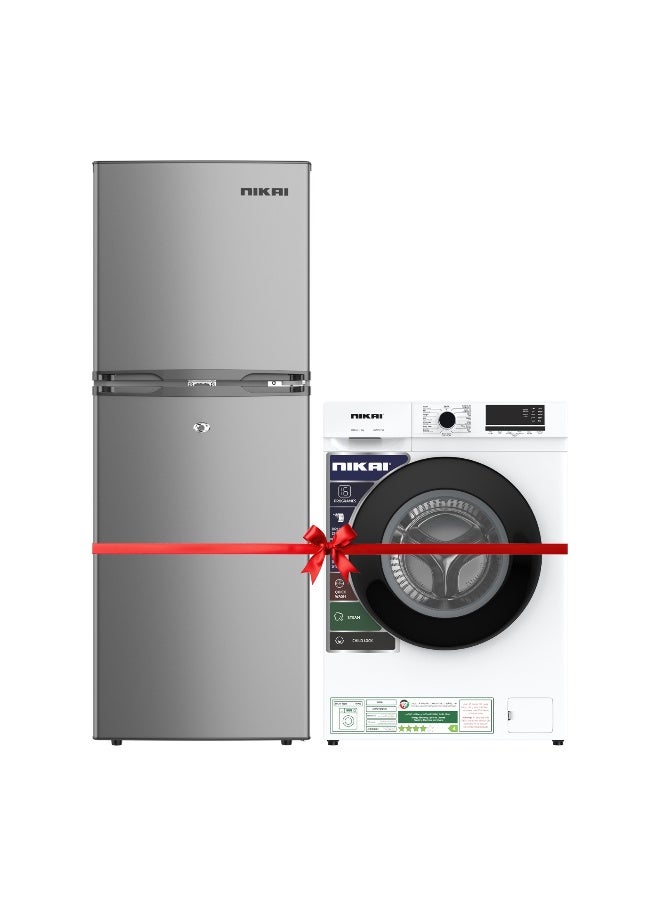 NIKAI ثلاجة نيكاي 190 لتر ذات بابين NRF190DN4S (فضي) + غسالة تحميل أمامي 7 كجم NWM701FN9 (أبيض) حزمة | إزالة الثلج، رفوف قابلة للتعديل، غسيل بالبخار، 1000 دورة في الدقيقة، توفير طاقة 4 نجوم | مثالية للمنزل والمطبخ والعائلة - Image 1