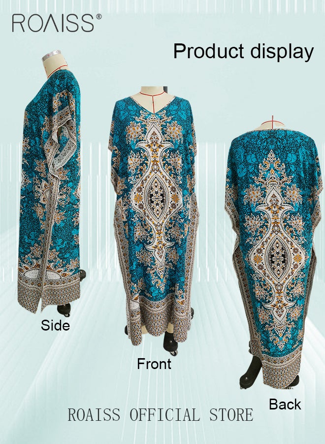 roaiss Middle Eastern Plus Size Loose Robe Floral Printed  Beach Vacation Maxi V-Neck Short Sleeve Dress for Ladies Elegant Temperament Casual Outfit  - Image 5