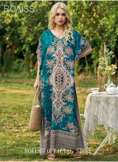 roaiss Middle Eastern Plus Size Loose Robe Floral Printed  Beach Vacation Maxi V-Neck Short Sleeve Dress for Ladies Elegant Temperament Casual Outfit  - Image 4