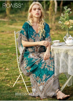 roaiss Middle Eastern Plus Size Loose Robe Floral Printed  Beach Vacation Maxi V-Neck Short Sleeve Dress for Ladies Elegant Temperament Casual Outfit  - Image 2