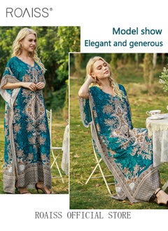 roaiss Middle Eastern Plus Size Loose Robe Floral Printed  Beach Vacation Maxi V-Neck Short Sleeve Dress for Ladies Elegant Temperament Casual Outfit  - Image 3