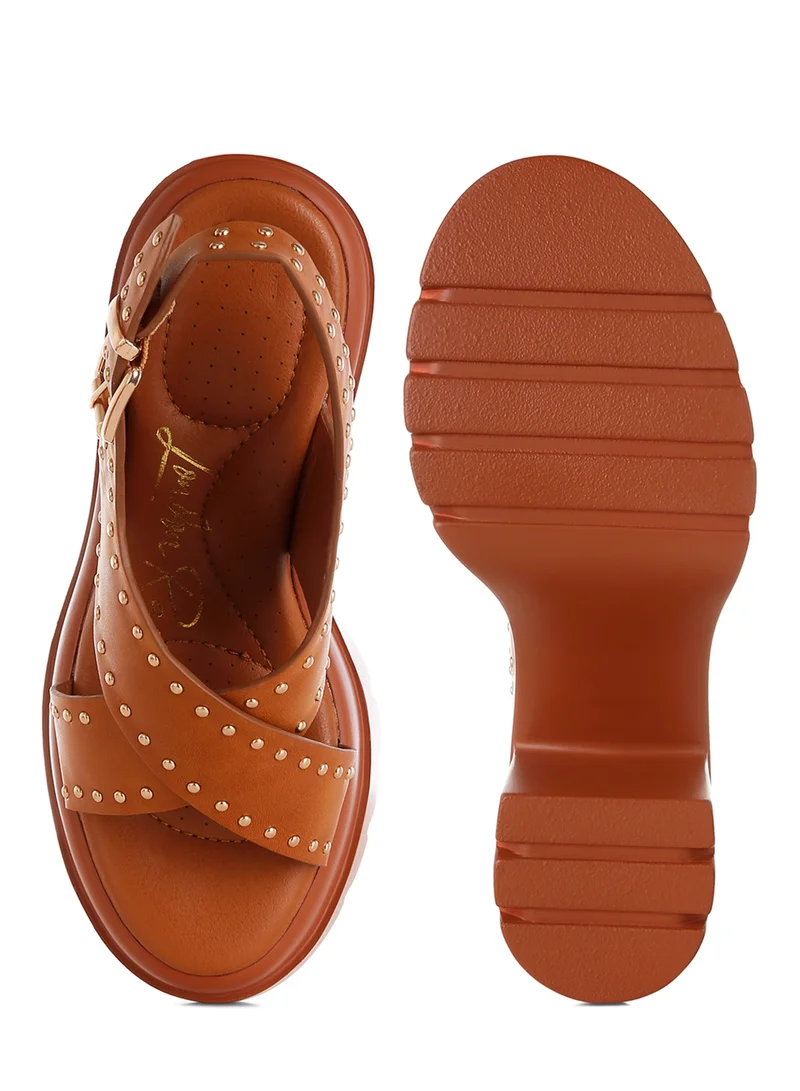 London Rag Stud Embellished Block Heel Sandals in Tan
