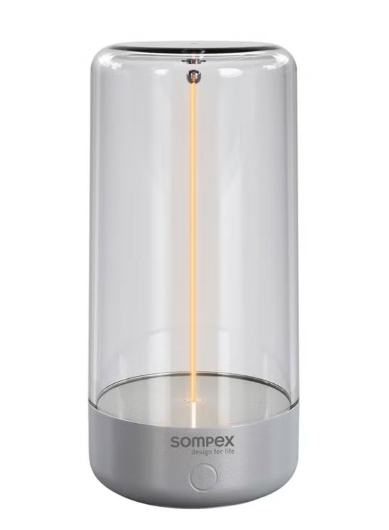 Sompex مصباح طاولة سمبيكس بلس المدمج القابل لإعادة الشحن | ضوء LED أنيق ومحمول | IP54 (مقاوم للماء) | وظيفة ذاكرة السطوع | للاستخدام الداخلي والخارجي | 3 ضوء دافئ | ارتفاع 14.5 سم - فضي - Image 1