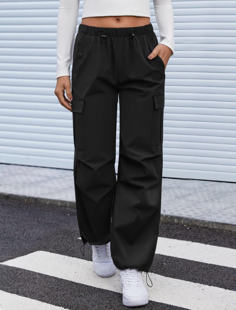 COPYLEAF Cargo Pants Women Elastic Waisted Parachute Hiking Pants with Pockets Water Resistant Lightweight Baggy Pants(Black XXL) - Image 2